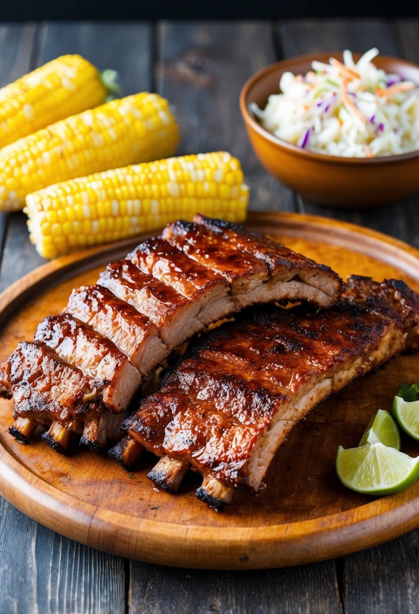 A sizzling rack of barbecue ribs on a rustic wooden platter, surrounded by grilled corn on the cob and a side of tangy coleslaw