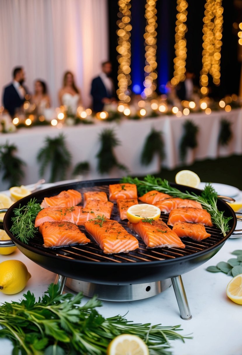 A platter of smoked salmon fillets sizzling on a barbecue grill, surrounded by fresh herbs and lemon slices, set against a backdrop of a festive wedding reception