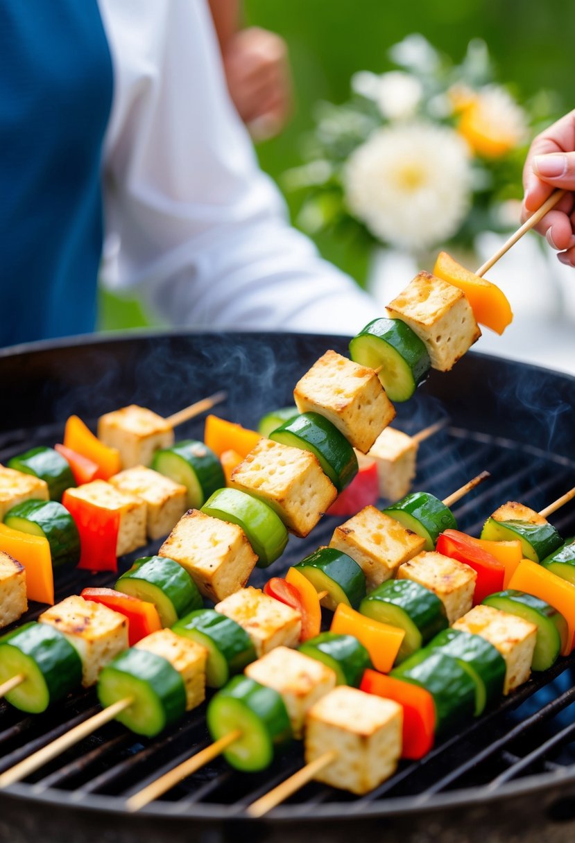 Fresh vegetables and tofu cubes skewered on wooden sticks, sizzling on a barbecue grill at a wedding reception