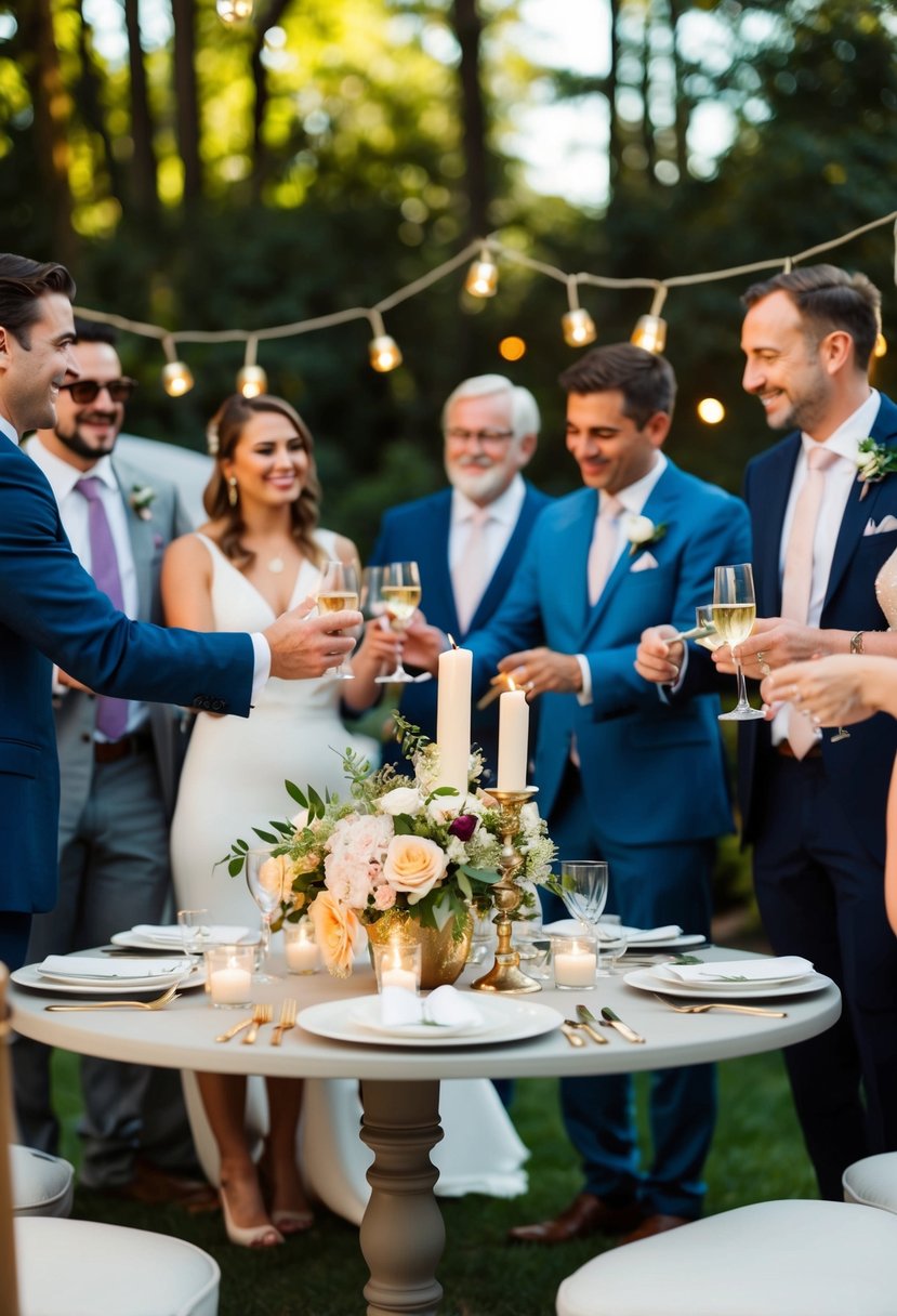 A cozy outdoor setting with a small elegant table adorned with flowers and candles. A small group of guests are gathered, celebrating a micro wedding