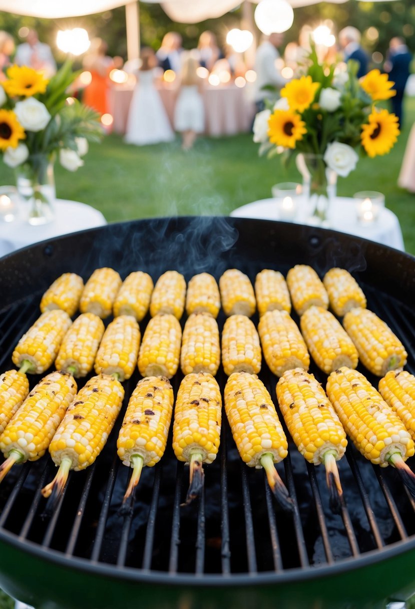 A grill with rows of corn on the cob, charred and steaming, set against a backdrop of a festive wedding reception