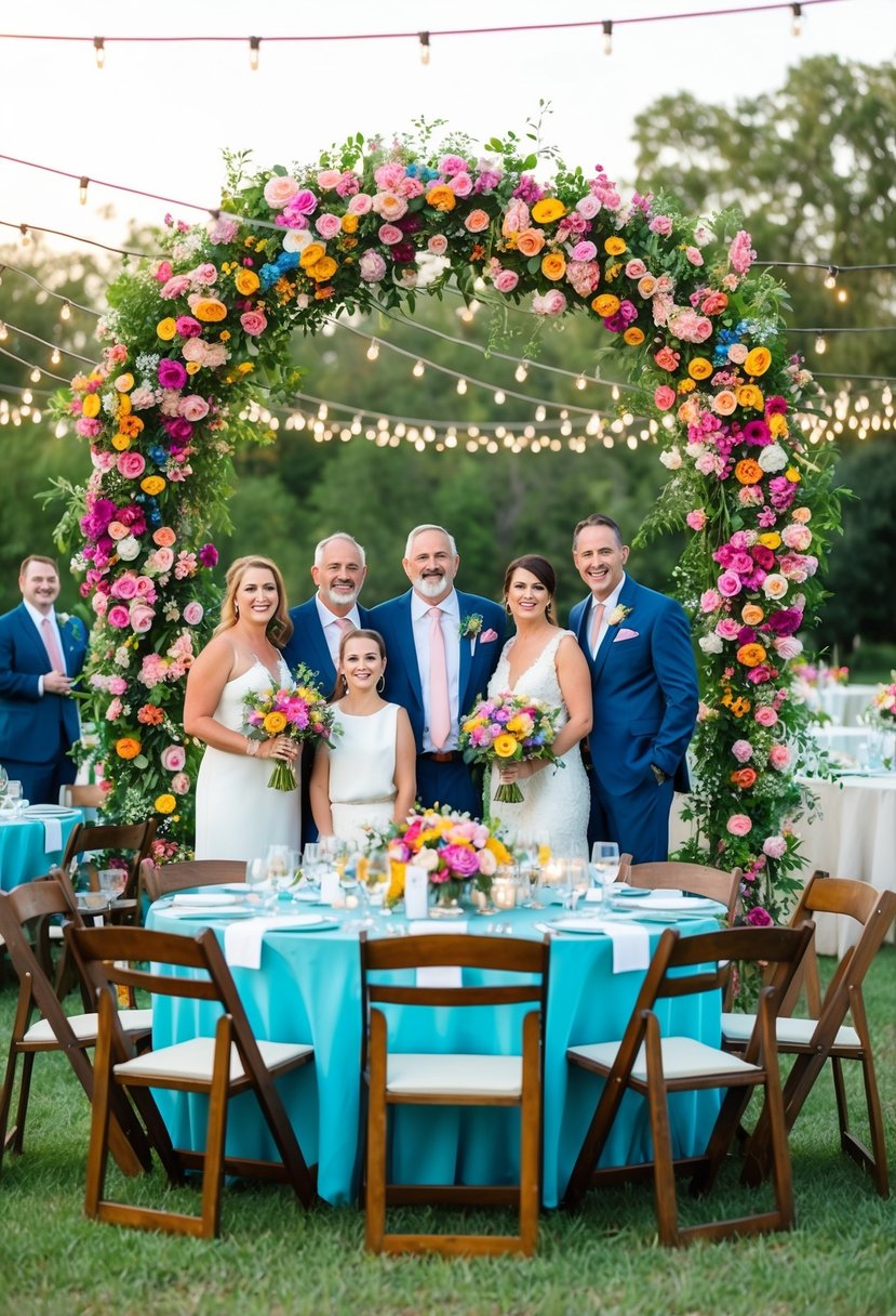 A colorful outdoor wedding with a large, happy family gathered under a floral arch. Tables are set for a festive reception, with string lights and music in the background