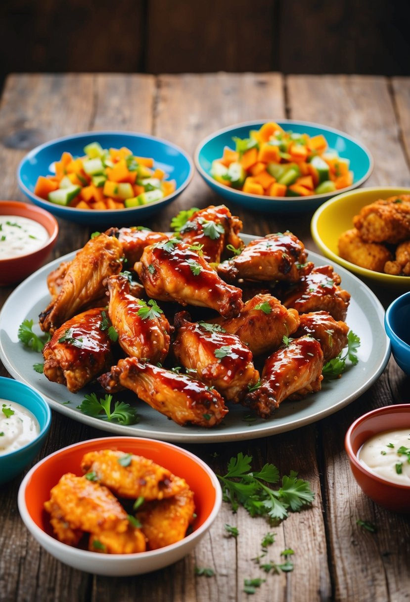 A platter of barbecue chicken wings surrounded by colorful side dishes on a rustic wooden table