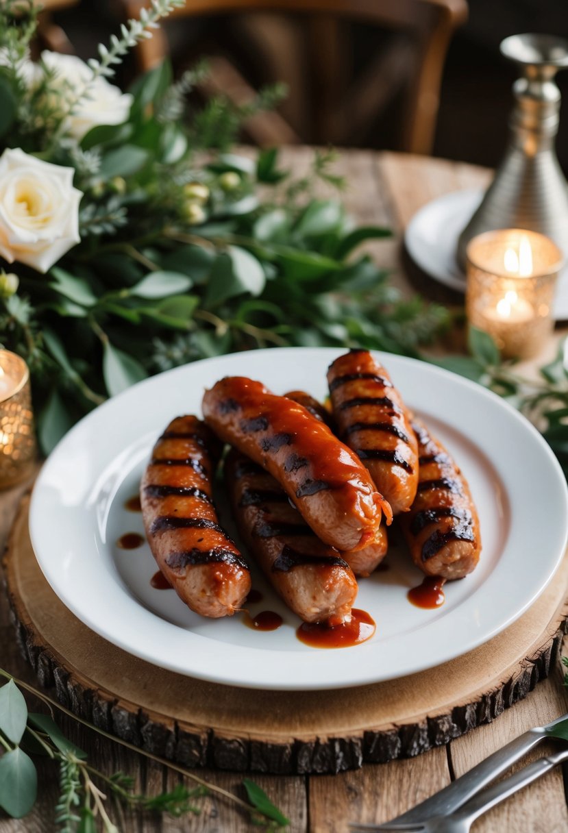 A platter of grilled smoked sausage links with BBQ sauce, surrounded by rustic wedding decor and greenery