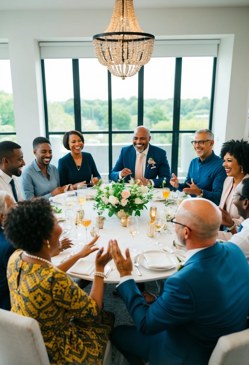 A circle of diverse family members sit around a table, sharing advice and tips for a big family wedding. Laughter and animated gestures fill the room