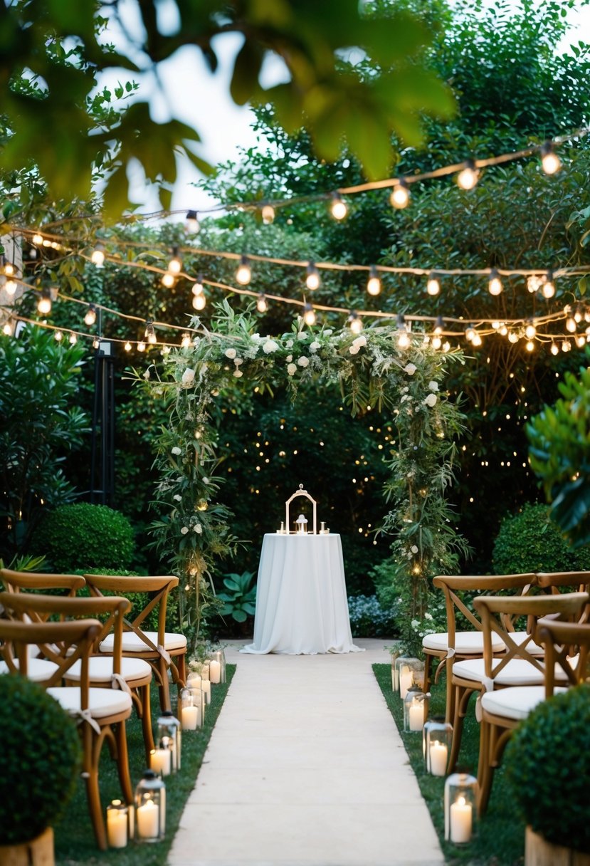 A cozy garden with twinkling lights, lush greenery, and a small altar for an intimate micro wedding