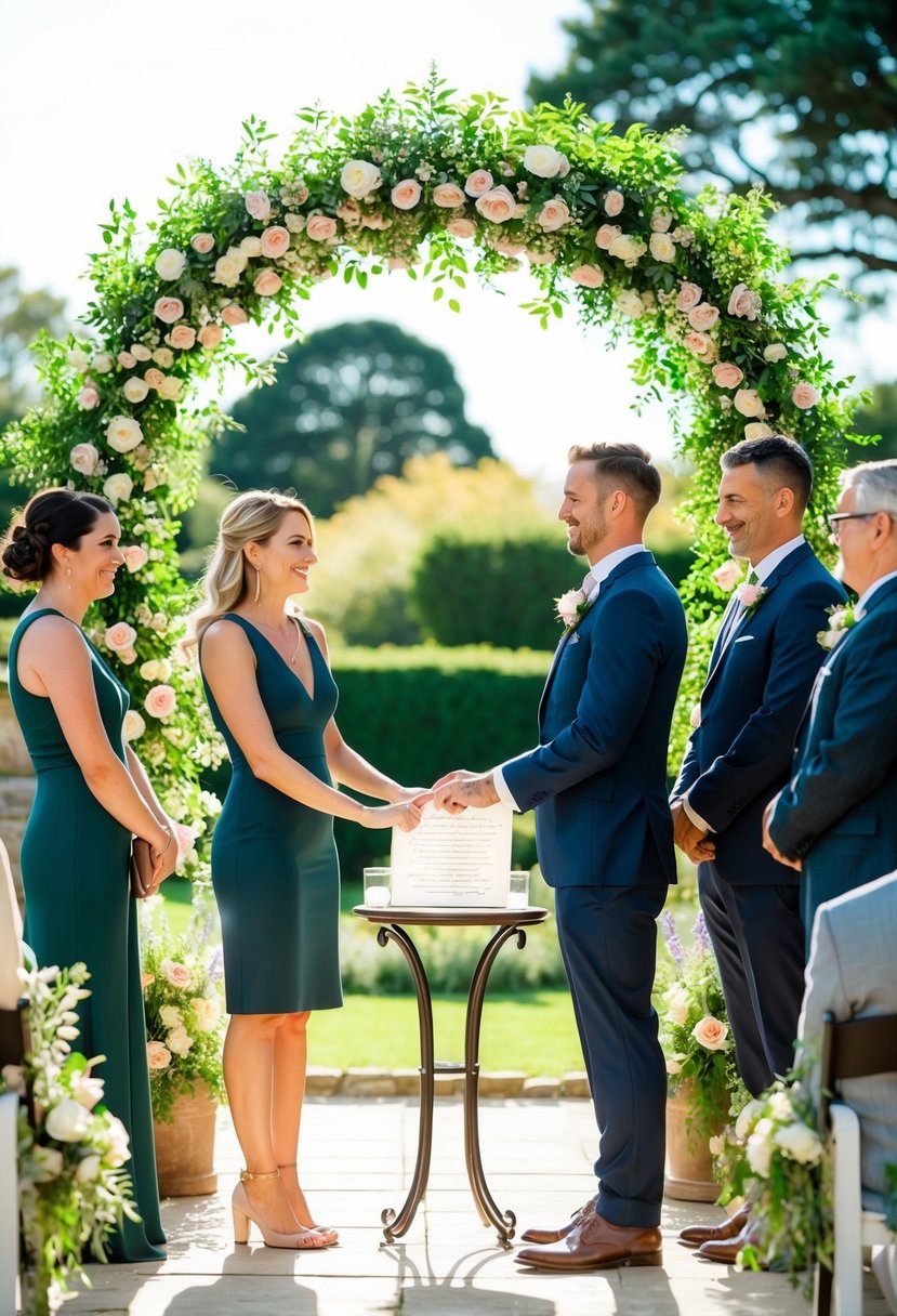 A couple stands beneath a floral arch in a sunlit garden, surrounded by close family and friends. A small table holds a personalized ceremony script as they exchange vows