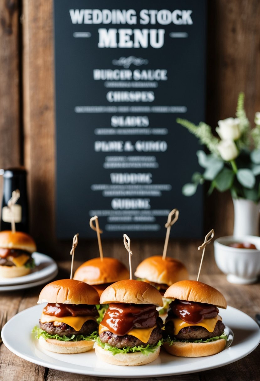 A platter of classic burger sliders with BBQ sauce, set against a rustic wedding menu backdrop