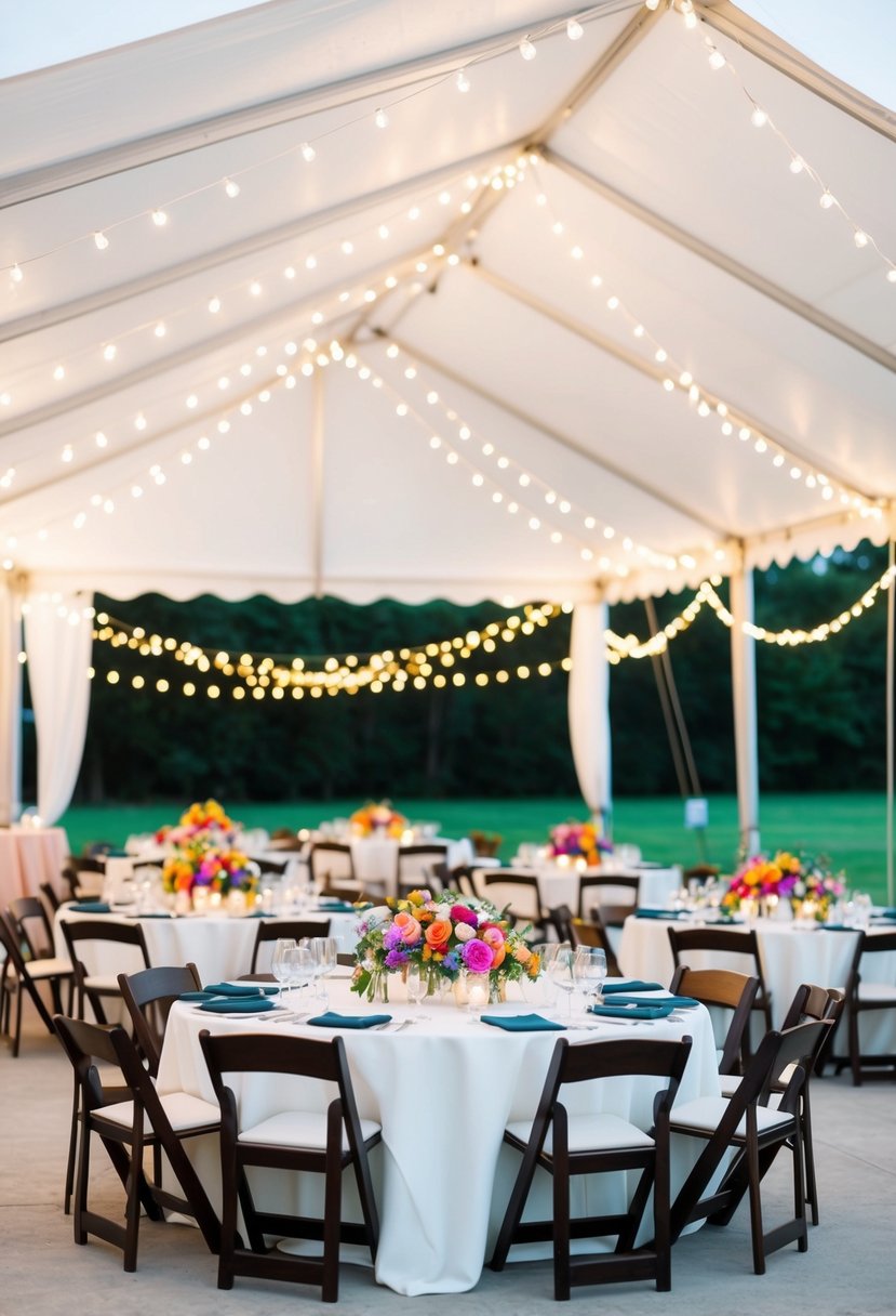 A grand outdoor reception with a large white tent, string lights, long banquet tables, and colorful floral centerpieces