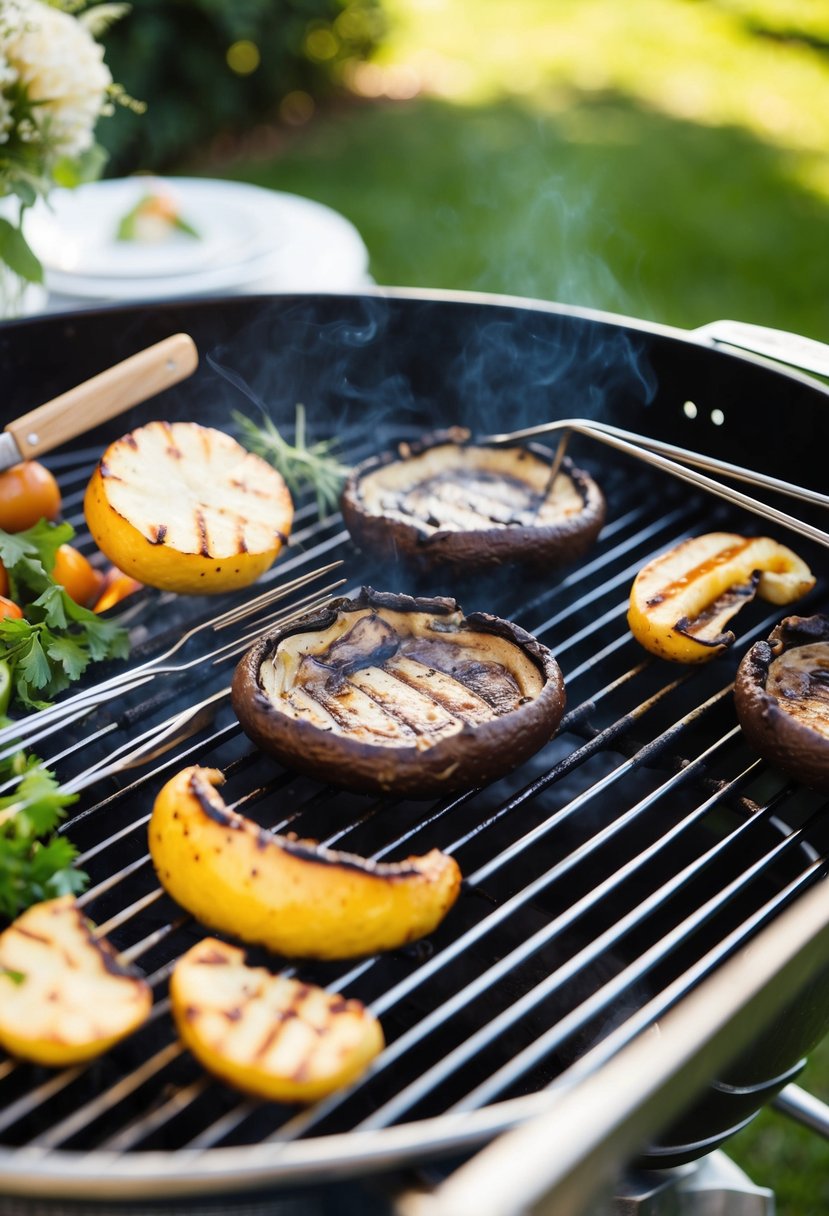 A sizzling portobello mushroom grilling on a barbecue, surrounded by other ingredients and utensils for a wedding menu