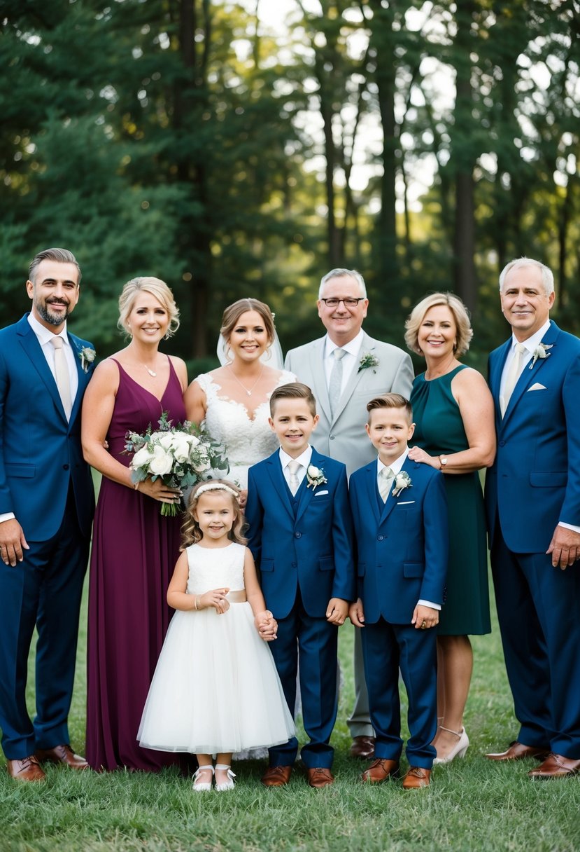 Family members gathered, each with a specific role: flower girl, ring bearer, bridesmaids, groomsmen, and parents of the couple