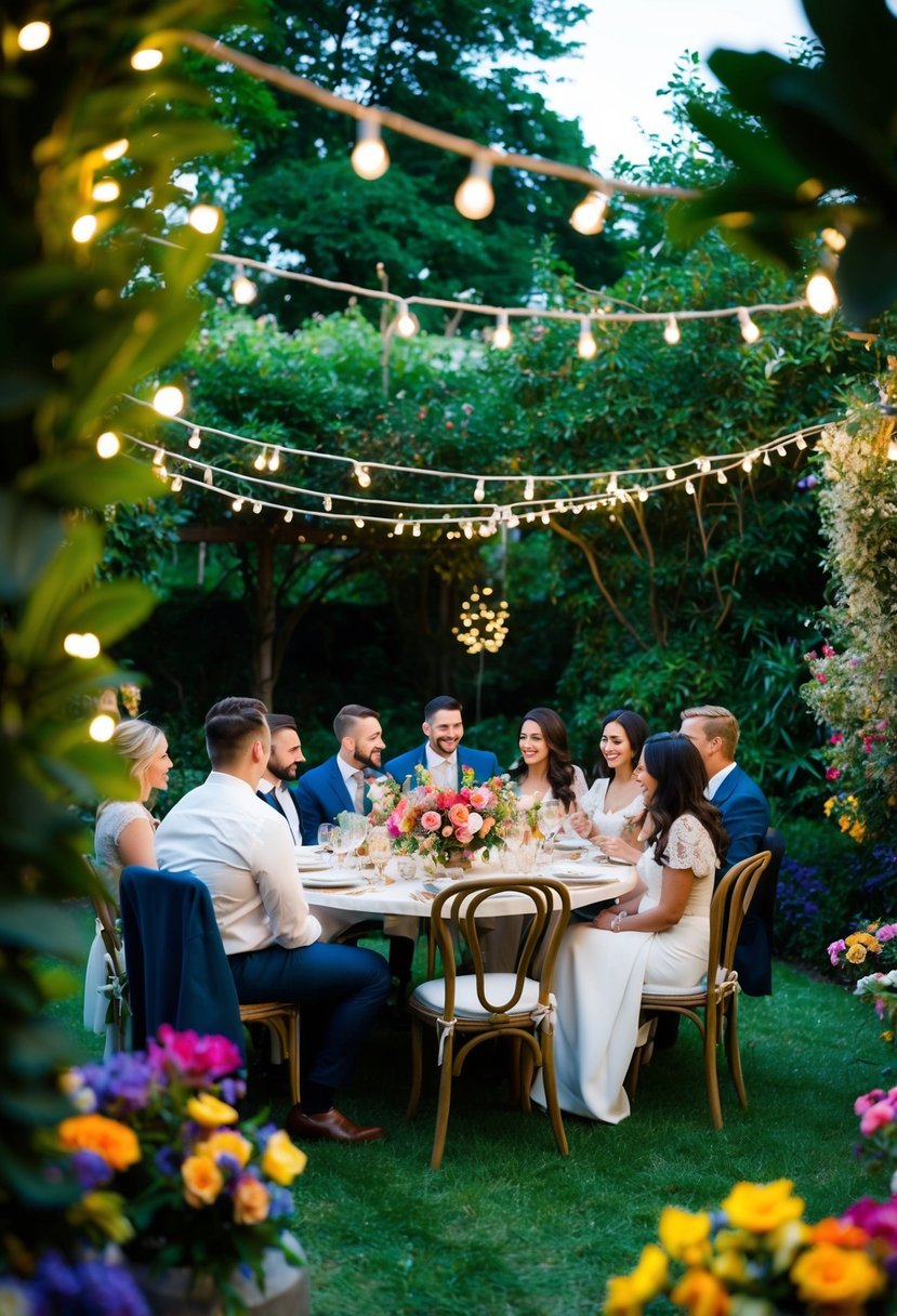 A small, intimate gathering in a lush garden with a handful of loved ones seated at a beautifully decorated table, surrounded by twinkling lights and colorful flowers