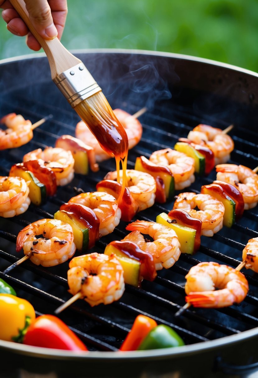 Juicy shrimp skewers sizzling on a hot grill, surrounded by colorful vegetables and brushed with a glaze of tangy barbecue sauce