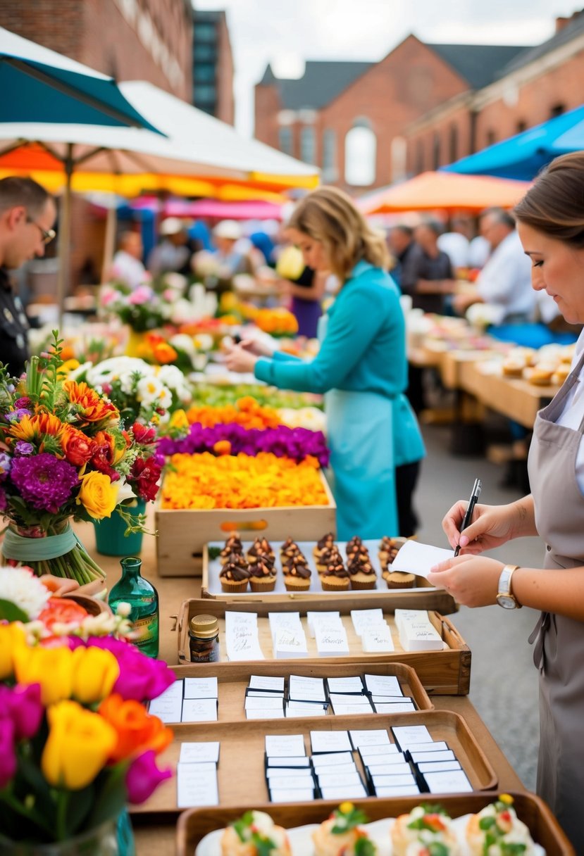 Local vendors set up colorful stalls at a bustling outdoor market. A florist arranges vibrant bouquets, a calligrapher carefully handwrites place cards, and a baker displays an array of decadent desserts