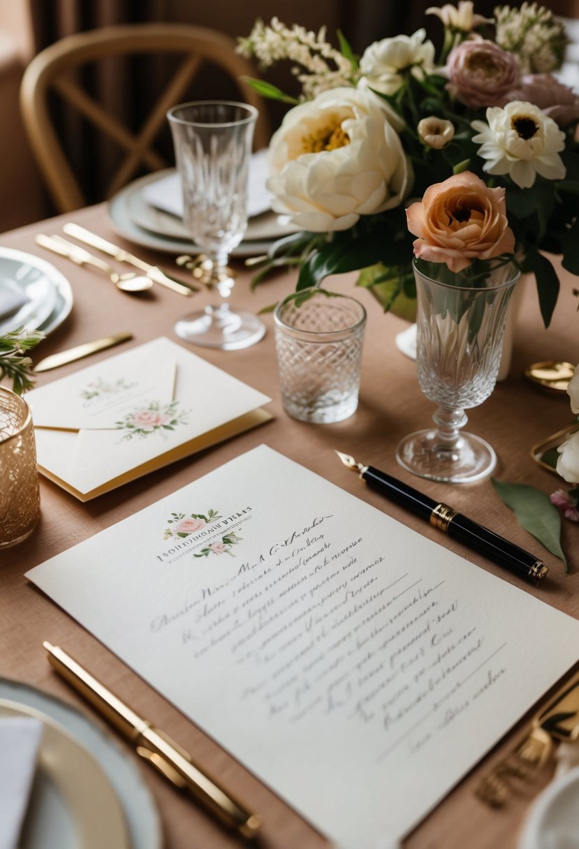 A cozy table set with elegant stationery, a fountain pen, and delicate floral accents, creating a warm and intimate atmosphere for handwritten invitations