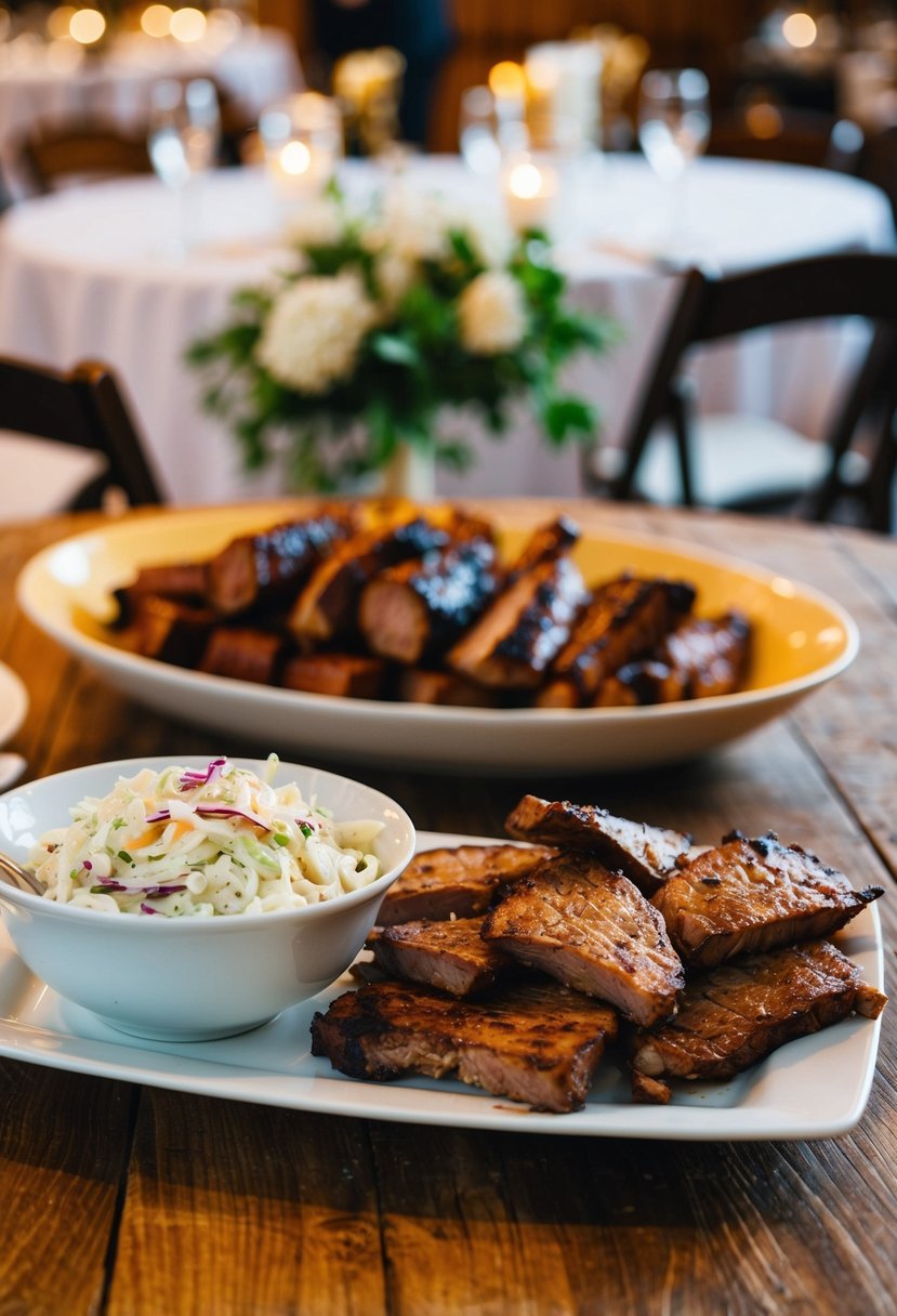 A bowl of coleslaw with tangy dressing sits next to a platter of barbecued meats on a rustic wooden table at a wedding reception