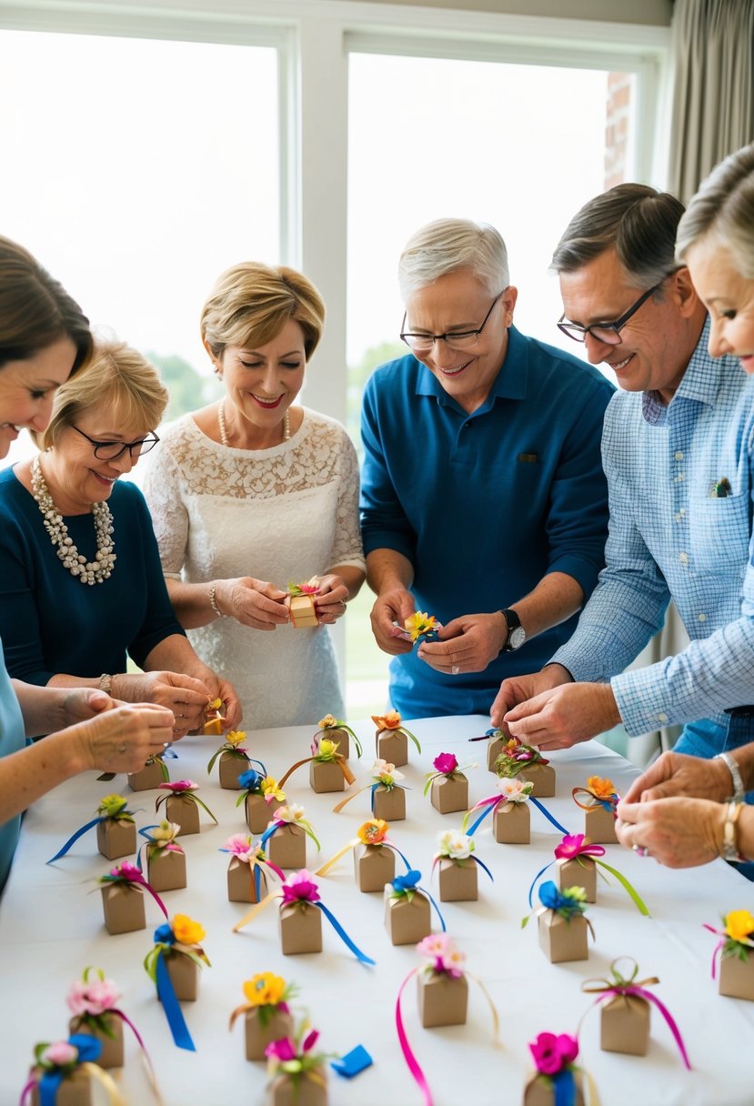 A group of family members gather around a table, assembling small wedding favors together with colorful ribbons, flowers, and personalized tags