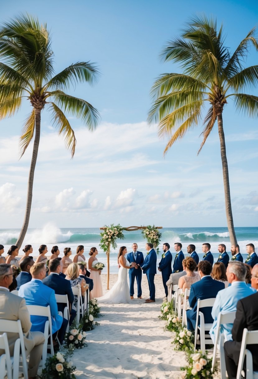 A picturesque beach ceremony with a small group of guests surrounded by palm trees and the sound of crashing waves