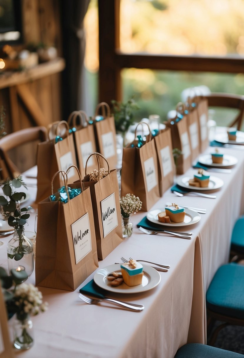 A table set with personalized welcome bags, filled with treats and mini gifts, awaits guests at a cozy micro wedding venue