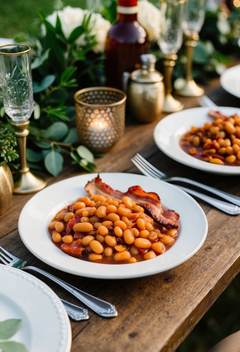 A rustic table setting with a plate of baked beans and bacon, surrounded by BBQ wedding decor and greenery