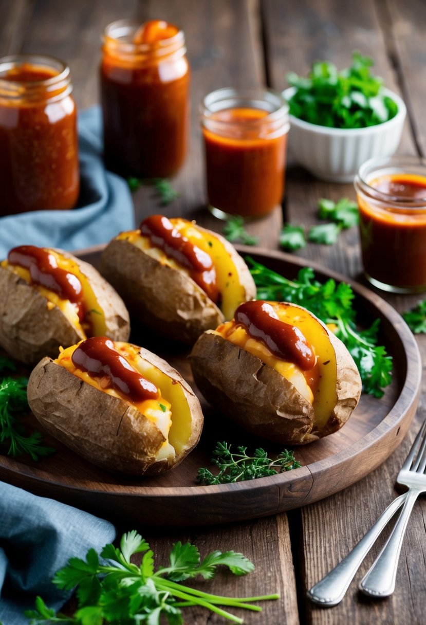 A rustic wooden table set with steaming loaded baked potatoes, surrounded by jars of barbecue sauce and fresh herbs