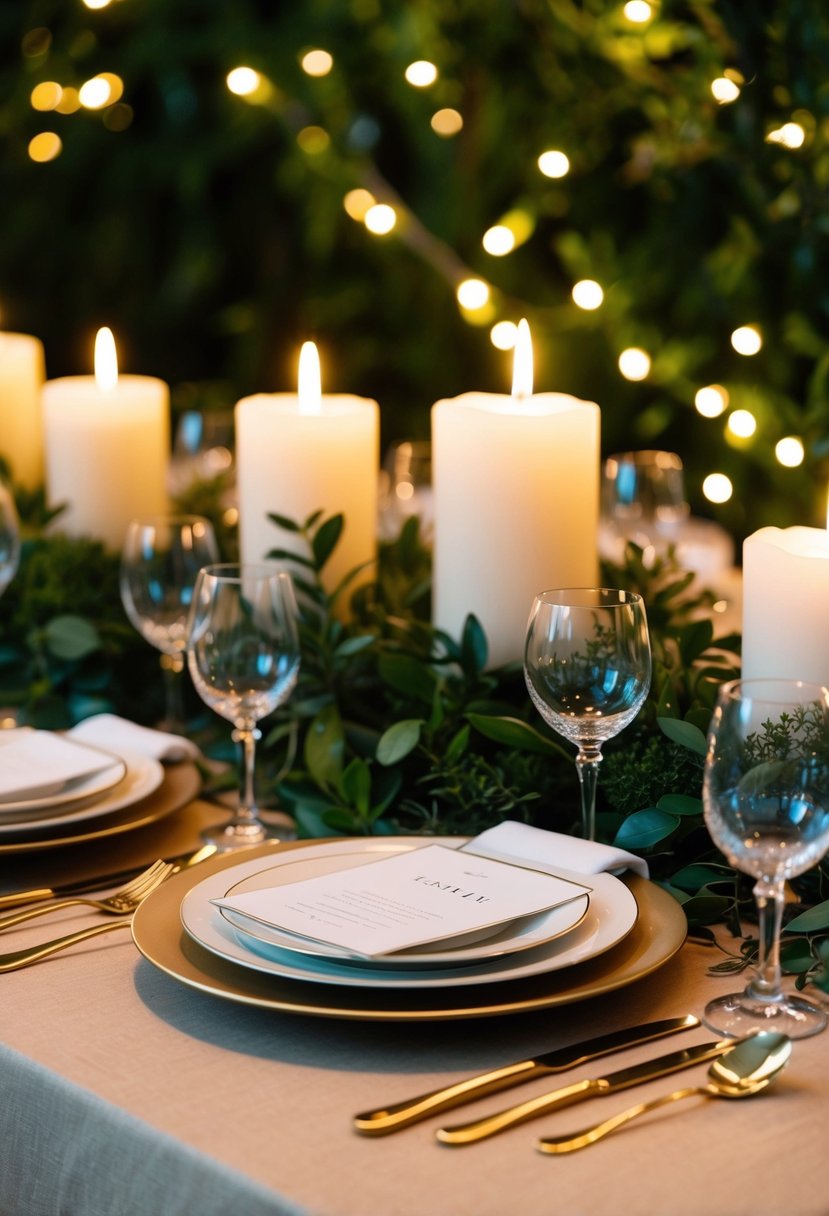 A warmly lit table set with elegant place settings and soft candlelight, surrounded by lush greenery and twinkling fairy lights