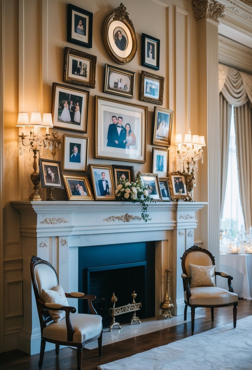 Family heirlooms displayed on mantle, framed photos, and antique furniture in a grand ballroom with elegant wedding decor