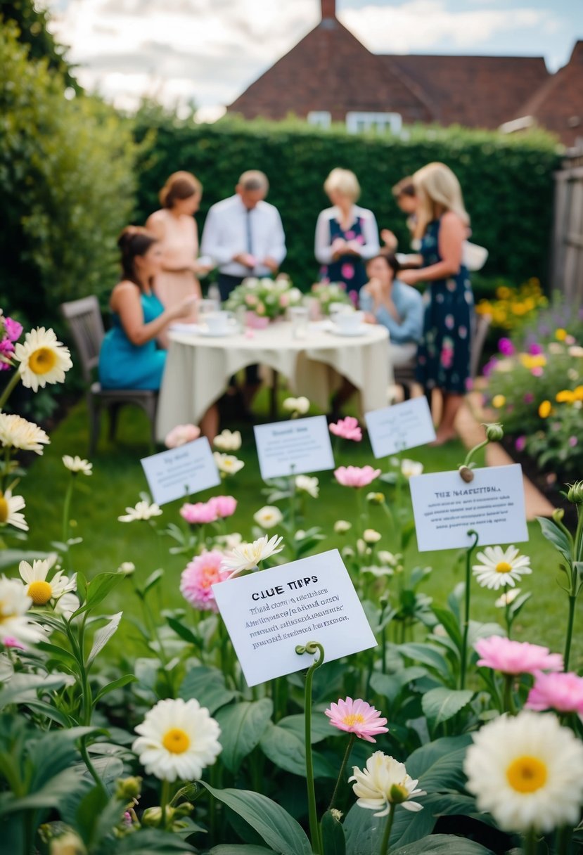 A backyard garden with hidden wedding tips scattered among flowers, a table set with clues, and guests searching for advice