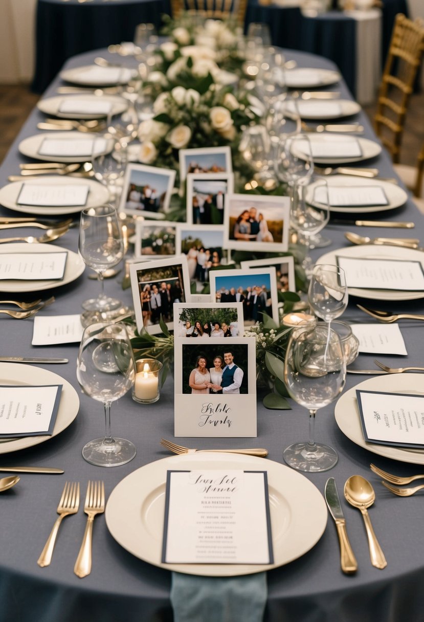 A large dining table with empty place settings, surrounded by family photos and a pile of carefully curated guest list names