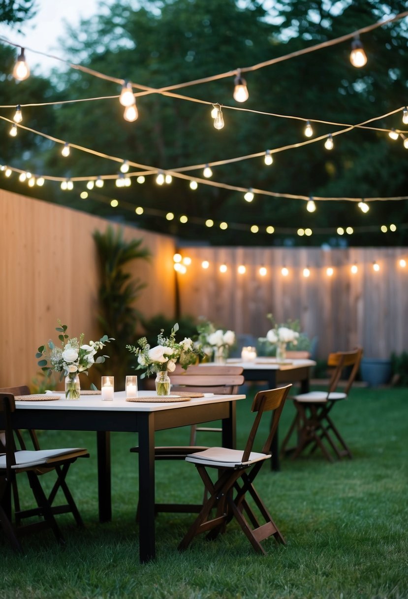 A cozy backyard setup with string lights, small tables, and simple floral arrangements for a weekday micro wedding