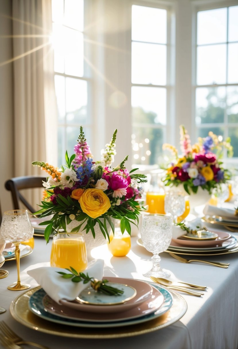 A beautifully set brunch table with colorful floral centerpieces and elegant place settings. Sunshine streams through the windows, casting a warm glow on the scene