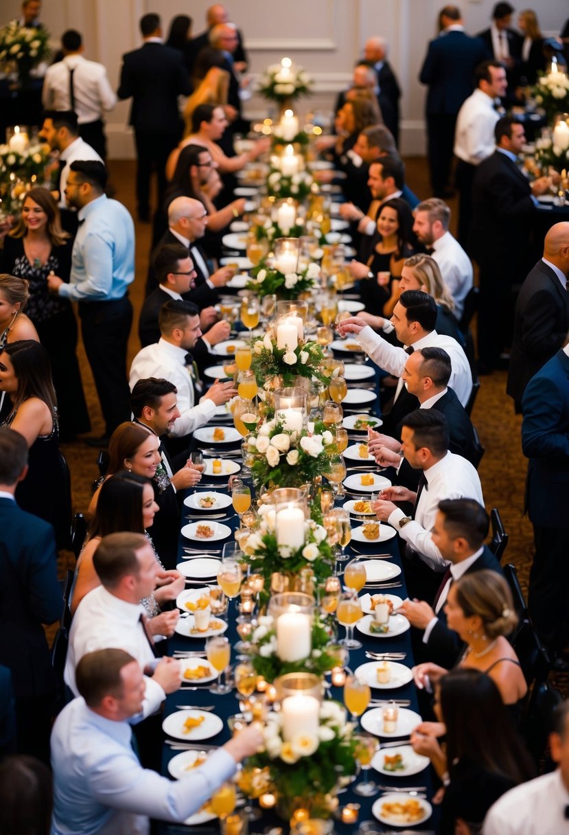 A crowded room filled with small tables adorned with elegant centerpieces and surrounded by guests mingling and enjoying cocktails and hors d'oeuvres