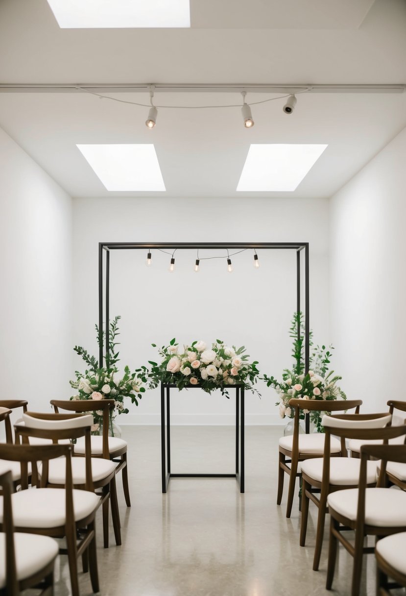 A small, intimate wedding set in a minimalist, yet sophisticated space with soft lighting, fresh flowers, and modern decor