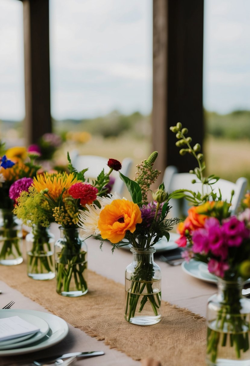 A table adorned with vibrant, locally sourced flowers in a variety of hues, arranged in small, delicate vases, creating an elegant and natural atmosphere for a micro wedding