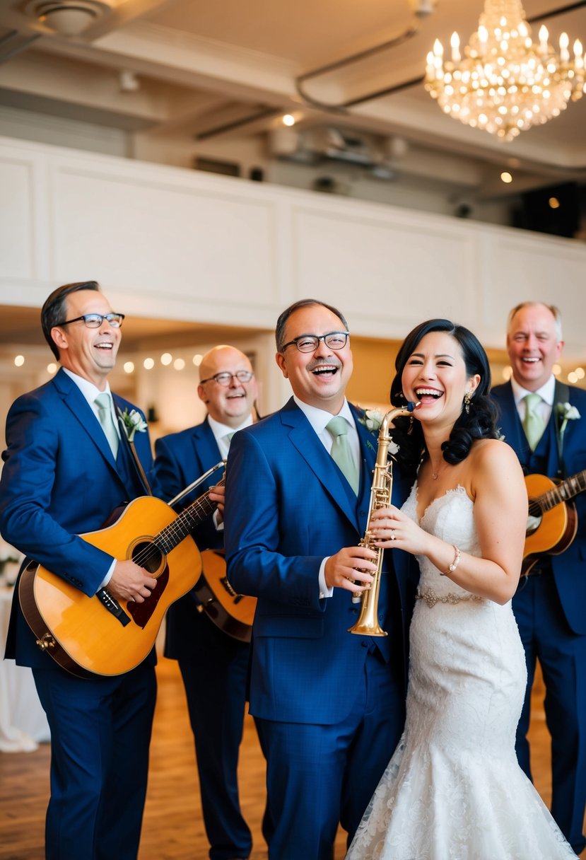 A family band plays joyful music while a photographer captures candid moments at a lively wedding celebration