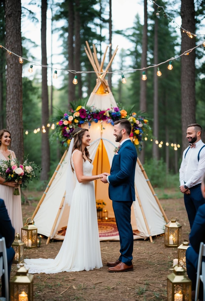 A couple exchanging vows in a forest clearing, surrounded by lanterns and fairy lights, with a bohemian-style teepee altar and a colorful floral archway