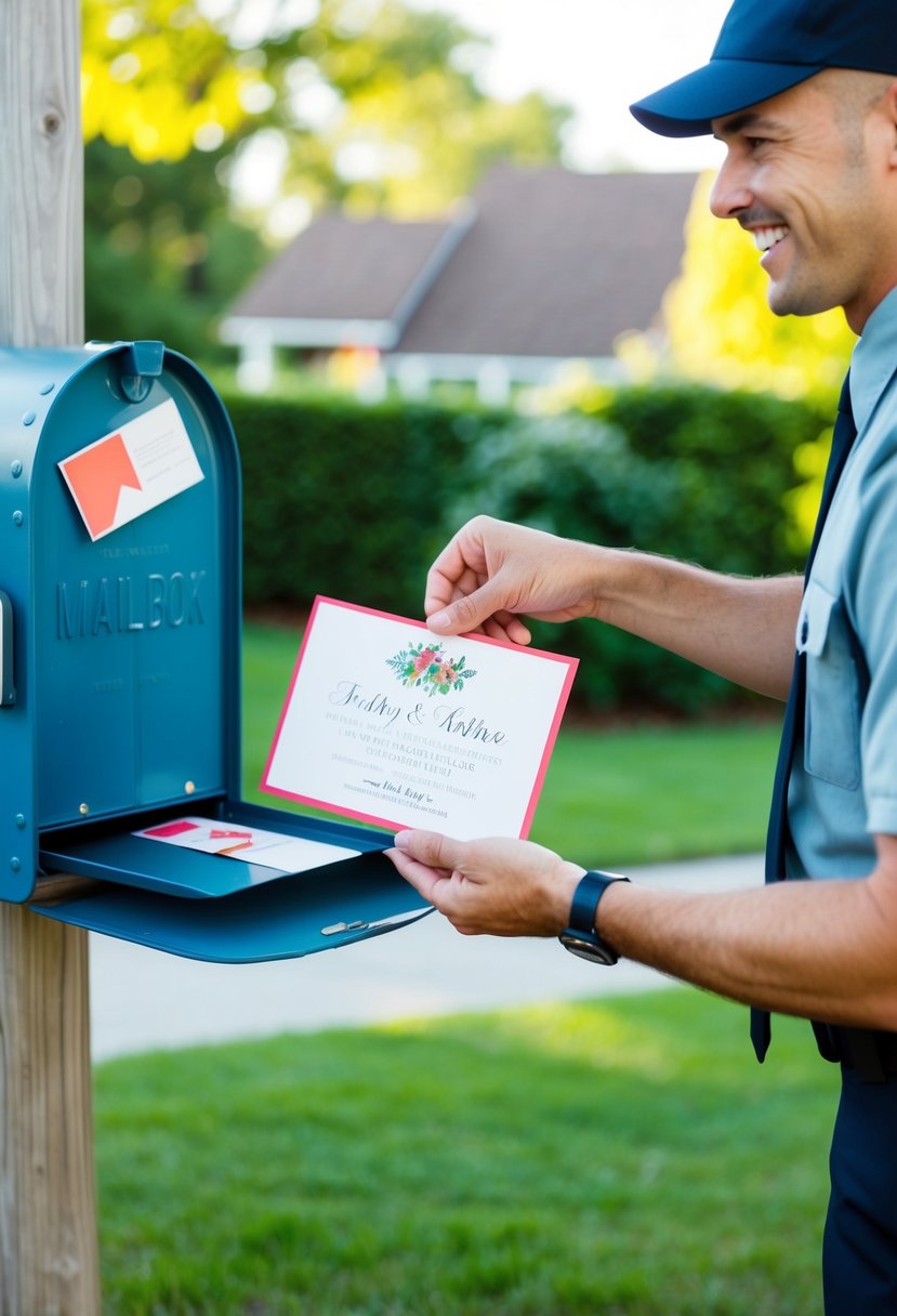 A festive wedding invitation being hand-delivered to a mailbox by a smiling mail carrier