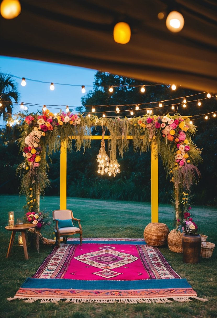 A colorful outdoor pop-up wedding with a bohemian vibe, featuring a flower-adorned arch, vintage rugs, and fairy lights