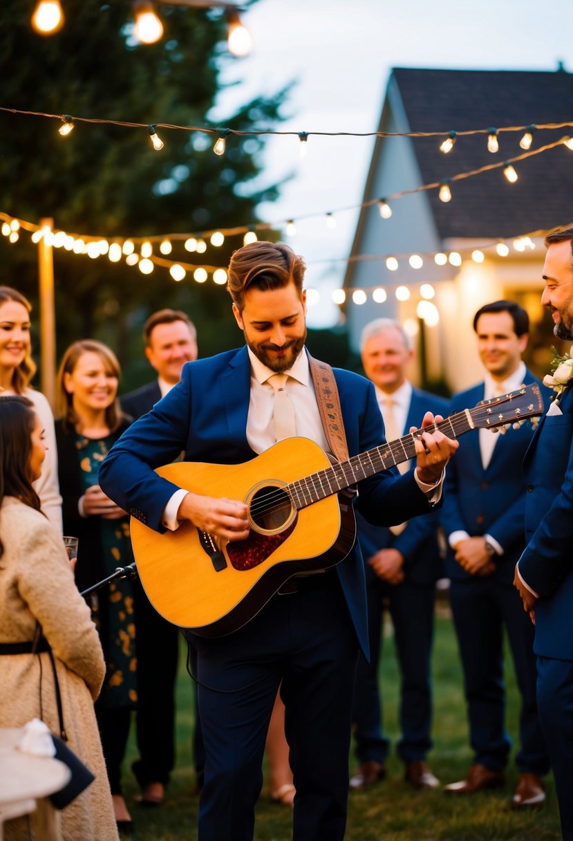 A musician strums a guitar in an intimate setting, surrounded by a small group of guests at a micro wedding. The warm glow of string lights illuminates the cozy outdoor space