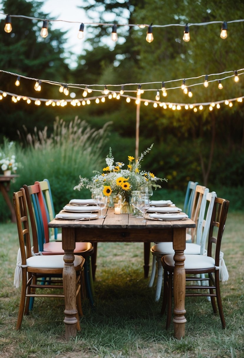 A cozy outdoor wedding reception with mismatched chairs around a rustic wooden table, adorned with wildflowers and twinkling string lights