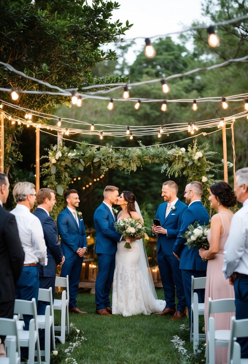 A cozy outdoor ceremony with a small group of guests, surrounded by lush greenery and twinkling string lights. A professional photographer captures the intimate moments of the couple's special day