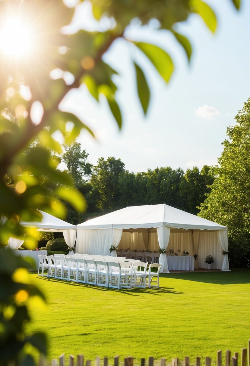 A sunny outdoor wedding venue with a nearby indoor space for backup in case of bad weather