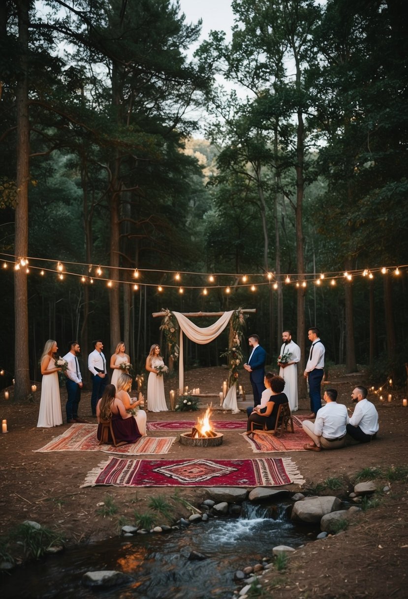 A serene forest clearing with a rustic altar, string lights, and bohemian rugs. A small stream flows nearby, and guests gather around a cozy bonfire