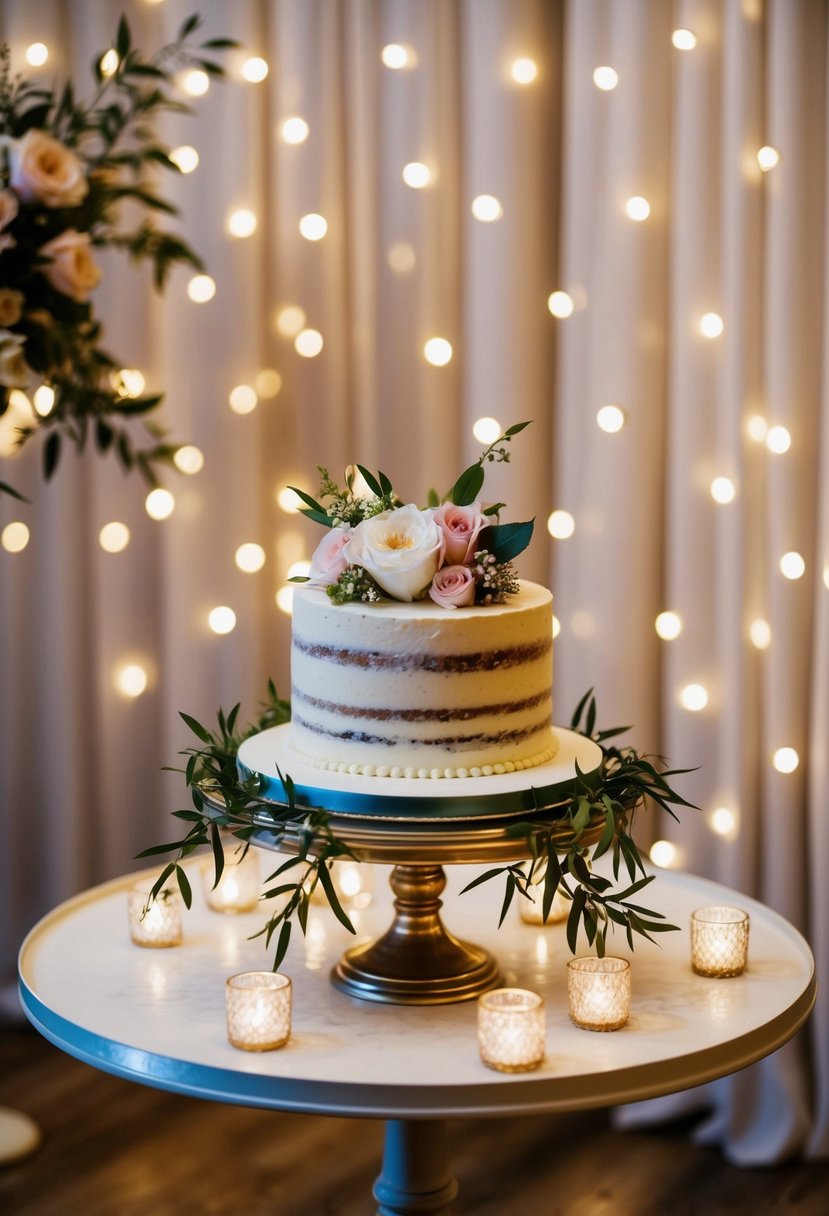 A small, elegant table adorned with a custom cake, surrounded by twinkling lights and delicate floral arrangements