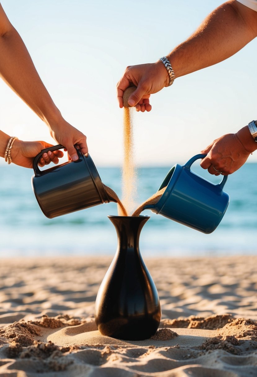 A beach setting with two separate containers of colored sand being poured into a single vase, symbolizing unity in a non-traditional wedding ceremony