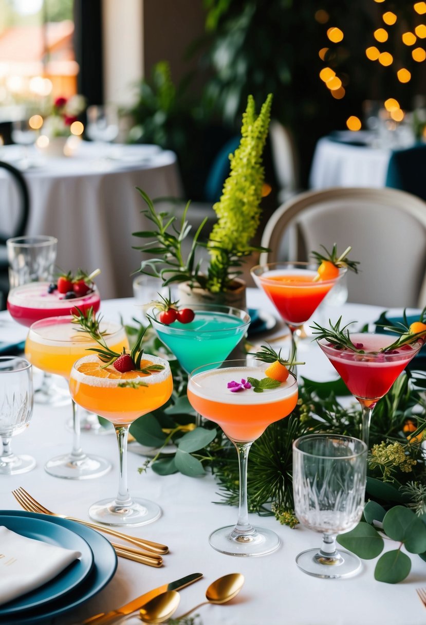 A table set with a variety of colorful, personalized cocktails and garnishes, surrounded by elegant glassware and fresh botanicals