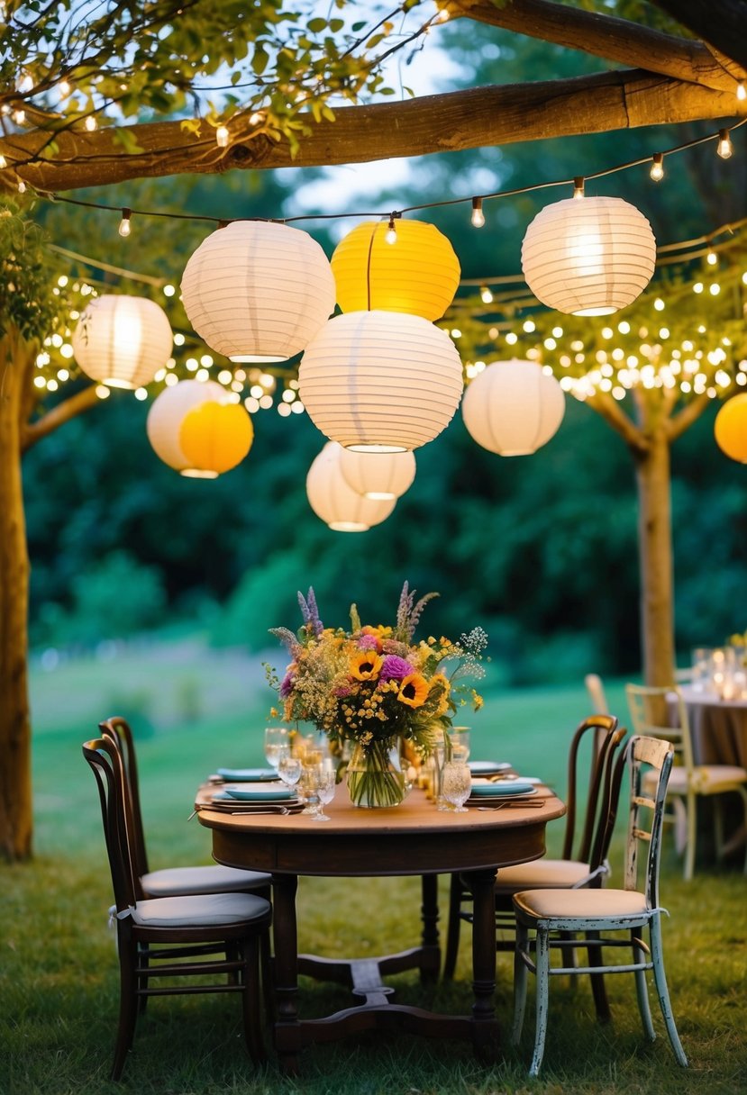 A whimsical outdoor wedding with handmade paper lanterns, wildflower bouquets, and vintage mismatched furniture under a canopy of fairy lights