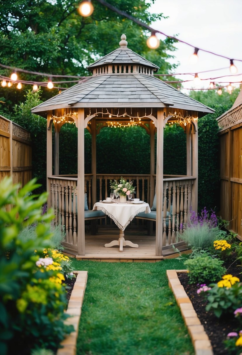 A cozy backyard garden with a decorated gazebo, string lights, and a small table set for an intimate wedding celebration