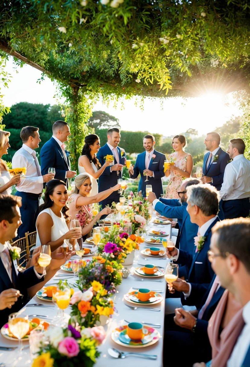 A sunlit garden with a long table set for brunch, adorned with fresh flowers and colorful tableware. Guests mingle and toast the newlyweds under a canopy of greenery