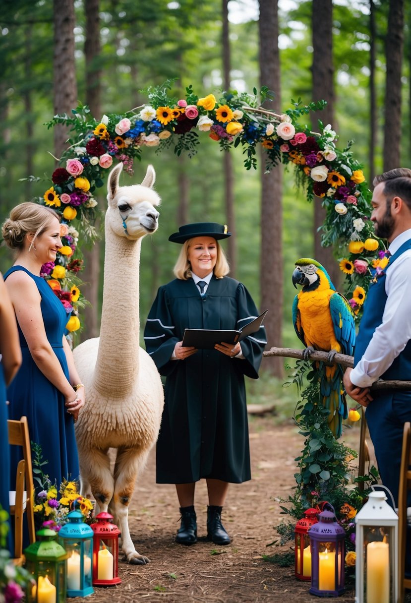 A llama and a parrot officiate a wedding ceremony in a forest clearing, surrounded by colorful lanterns and unique floral arrangements